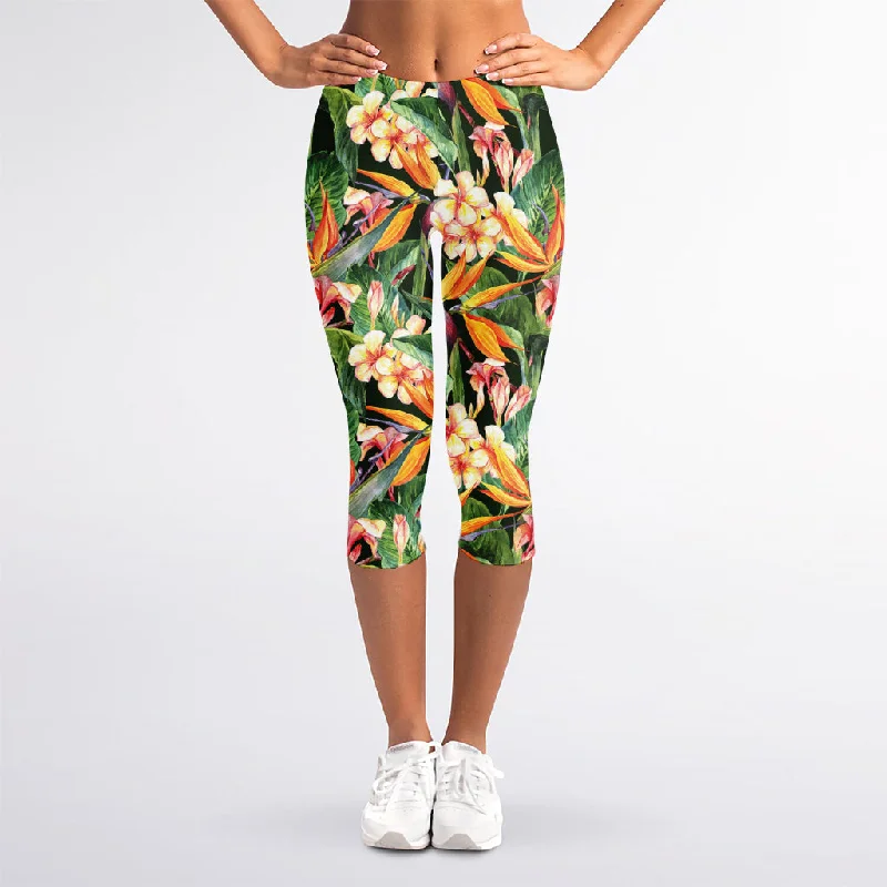 Watercolor Bird Of Paradise Print Women's Capri Leggings Elegant Stretchy Faux Leather Leggings