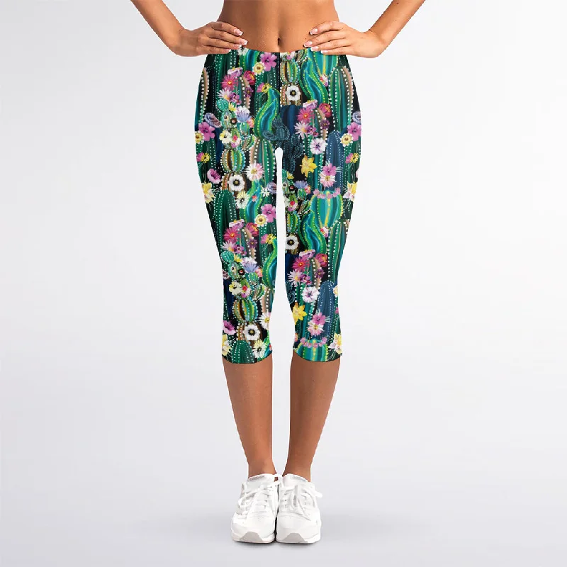 Watercolor Blooming Cactus Print Women's Capri Leggings Cozy Full-Length Workout Leggings