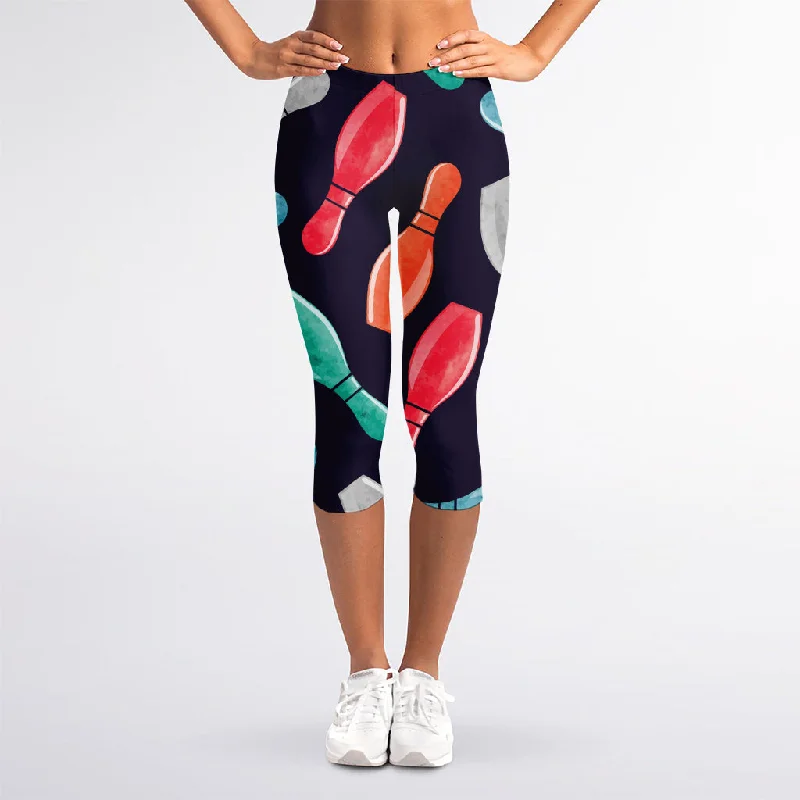 Watercolor Bowling Pins Pattern Print Women's Capri Leggings Fashionable Tummy Control Leggings