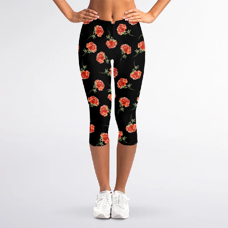 Watercolor Carnation Pattern Print Women's Capri Leggings Stylish Ankle-Length Leggings