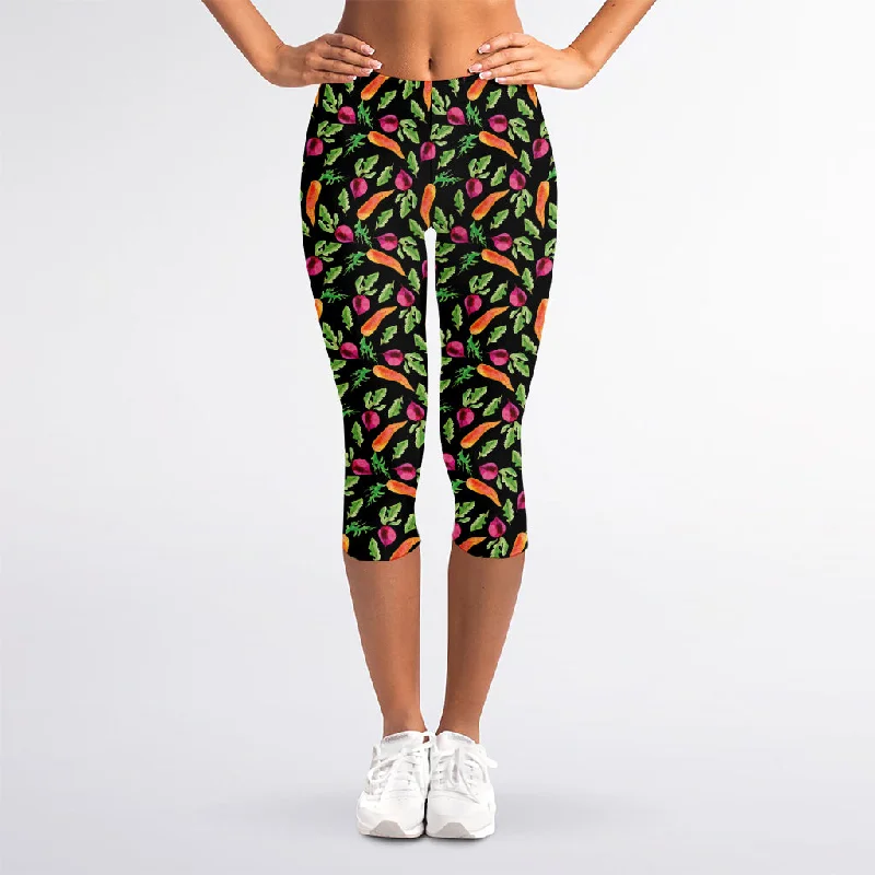 Watercolor Carrot And Radish Print Women's Capri Leggings Chic Workout Leggings