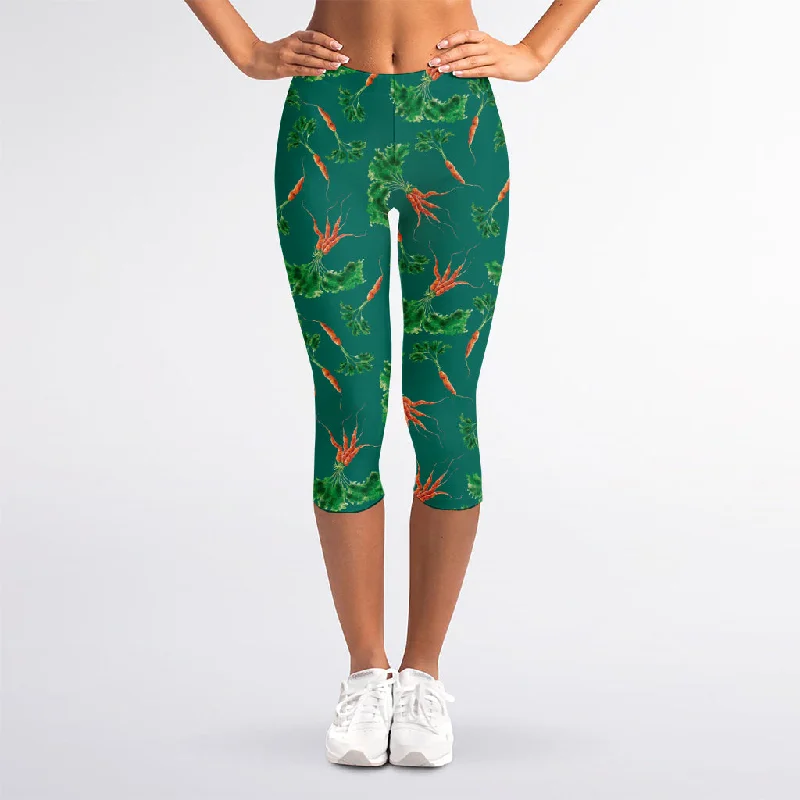 Watercolor Carrot Pattern Print Women's Capri Leggings Trendy Flared Leggings