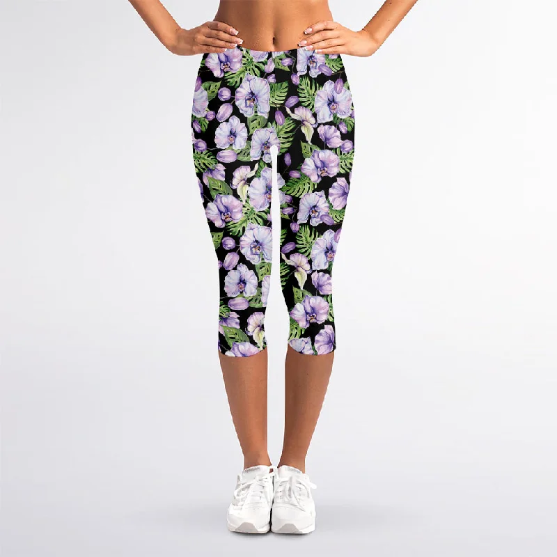 Watercolor Cattleya Pattern Print Women's Capri Leggings Fashionable Quick-Dry Yoga Pants