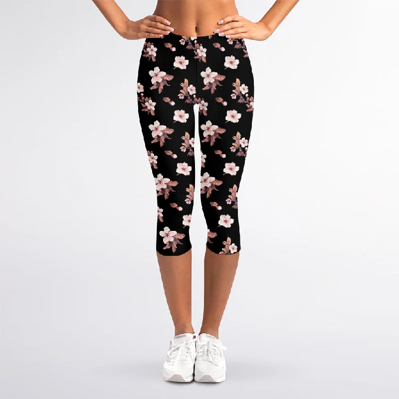 Watercolor Cherry Blossom Pattern Print Women's Capri Leggings Cozy Cotton Leggings