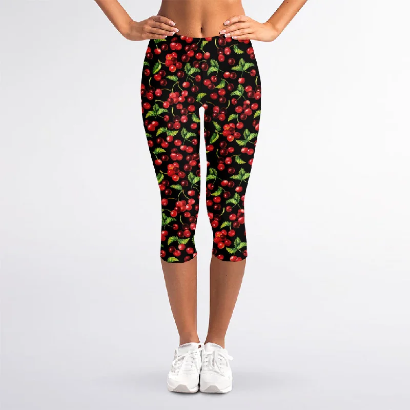 Watercolor Cherry Pattern Print Women's Capri Leggings Elegant Black Leggings