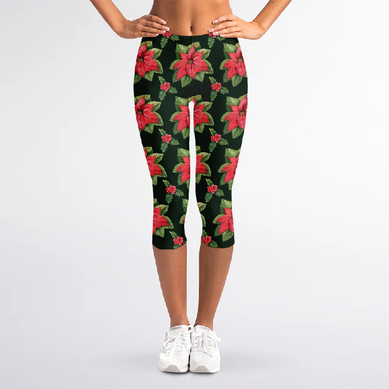 Watercolor Christmas Poinsettia Print Women's Capri Leggings Stylish Lightweight Leggings