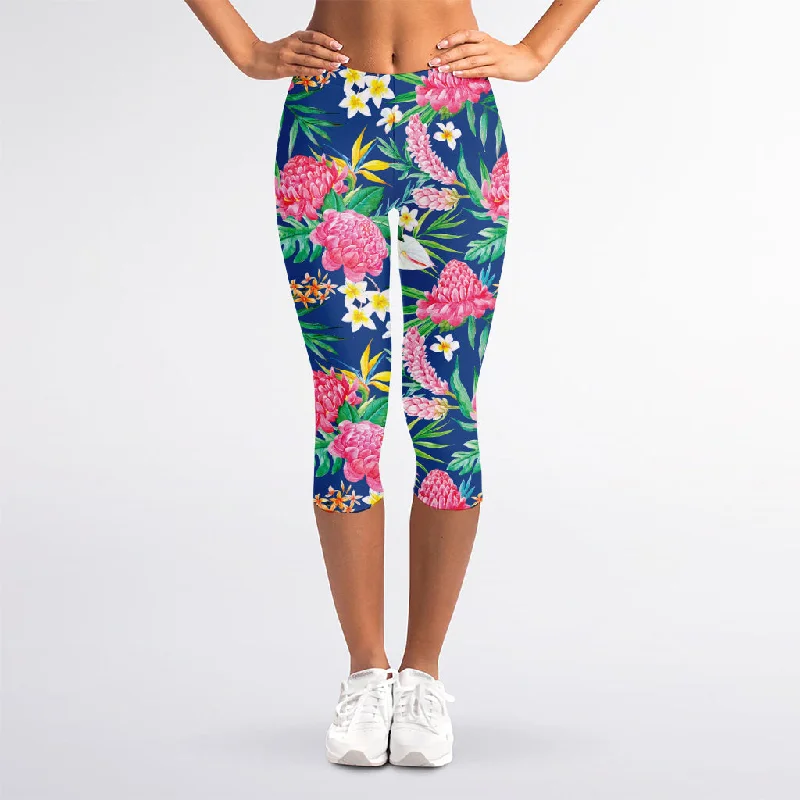 Watercolor Chrysanthemum Pattern Print Women's Capri Leggings Comfortable Bootcut Workout Leggings