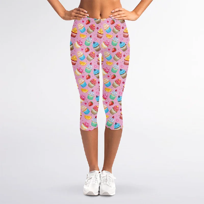 Watercolor Cupcake Pattern Print Women's Capri Leggings Cozy Yoga Compression Leggings