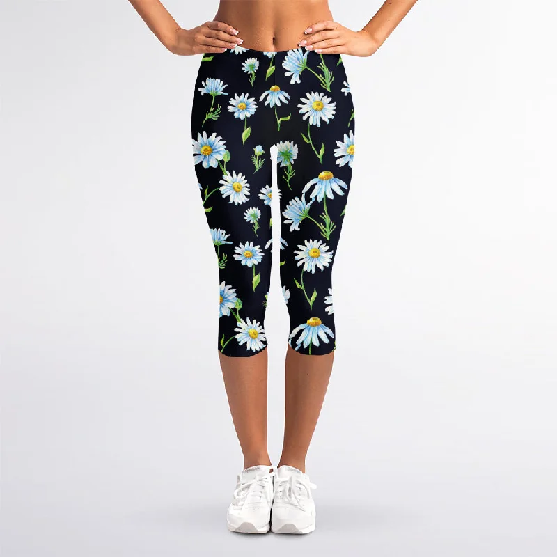 Watercolor Daisy Floral Pattern Print Women's Capri Leggings Trendy Sporty Compression Leggings