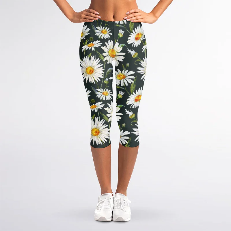 Watercolor Daisy Flower Pattern Print Women's Capri Leggings Trendy Digital Print Leggings