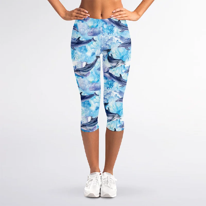 Watercolor Dolphin In The Sea Print Women's Capri Leggings Stylish Stretch Pants Leggings