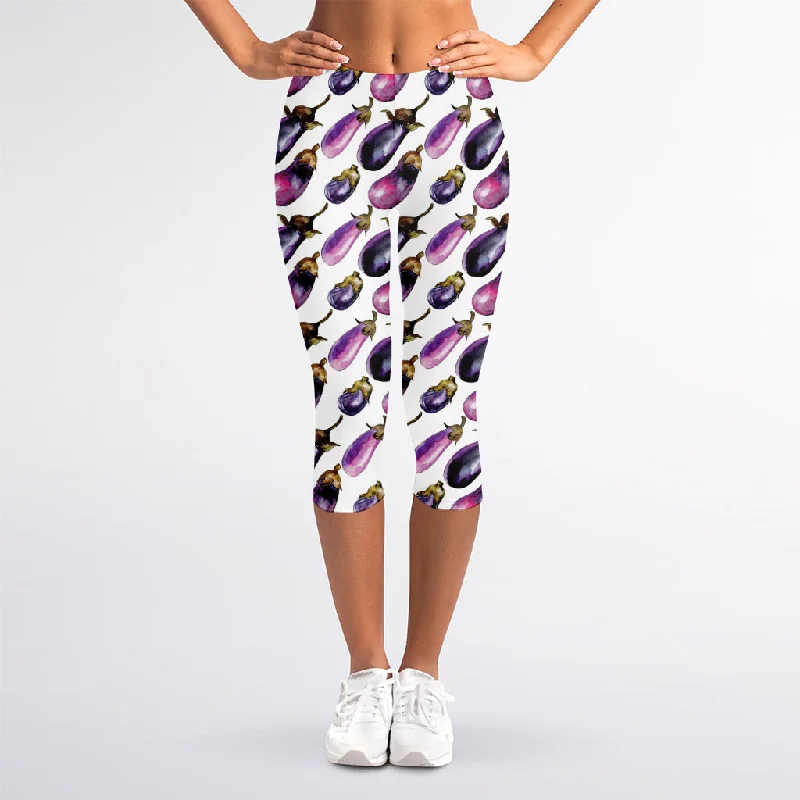 Watercolor Eggplant Pattern Print Women's Capri Leggings Stylish Athletic Wear Leggings