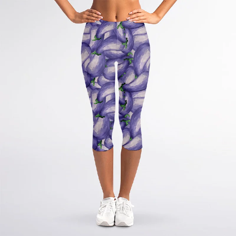 Watercolor Eggplant Print Women's Capri Leggings Cozy Reflective Detail Leggings