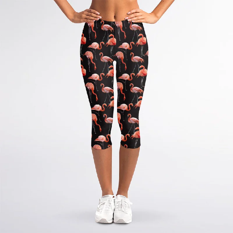 Watercolor Flamingo Pattern Print Women's Capri Leggings Chic Velvet Soft Leggings