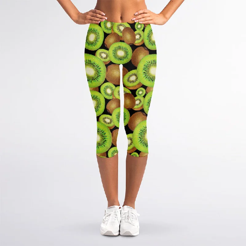 Watercolor Kiwi Pattern Print Women's Capri Leggings Stylish Lightweight Leggings