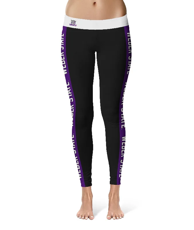 Weber State Wildcats WSU Game Day Purple Stripes Black Yoga Leggings for Women by Vive La Fete Trendy Adjustable Waist Leggings