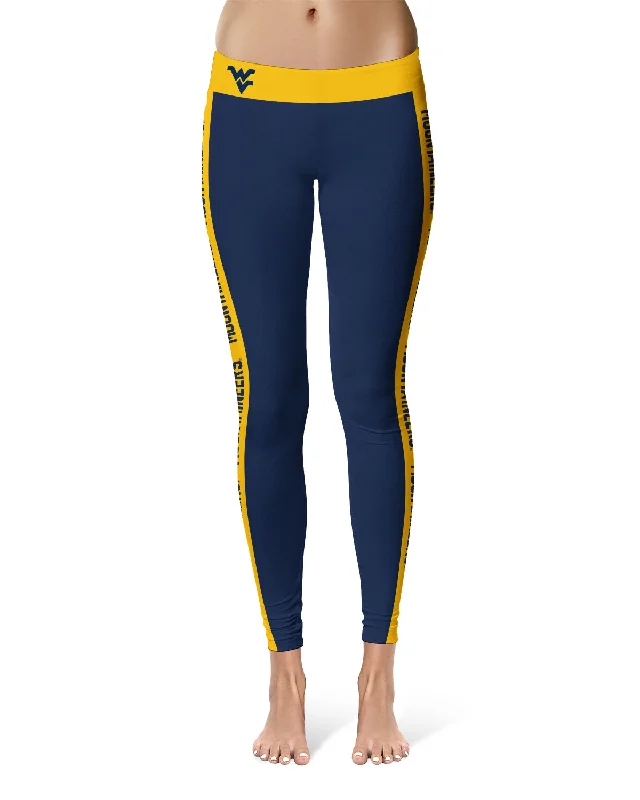 West Virginia Mountaineers Game Day Gold Stripes Navy Yoga Leggings for Women by Vive La Fete Comfortable Ribbed Waistband Leggings