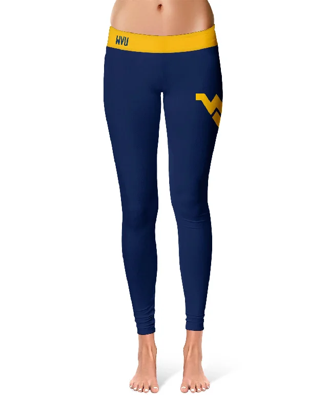 West Virginia Mountaineers Game Day Logo on Thigh Blue Yoga Leggings for Women by Vive La Fete Fashionable Minimal Active Leggings