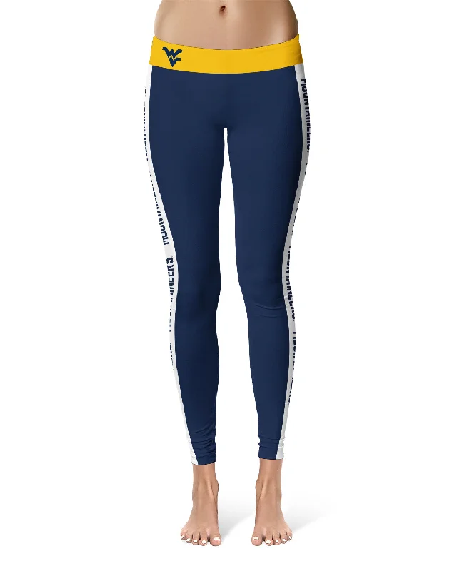 West Virginia Mountaineers Game Day White Stripes Navy Yoga Leggings for Women by Vive La Fete Elegant Embellished Leggings