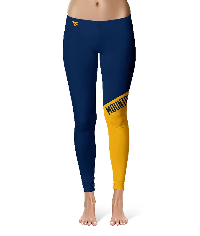 West Virginia University Mountaineers Game Day Leg Color Block Navy Gold Yoga Leggings for Women by Vive La Fete Trendy Leather-Look Workout Leggings