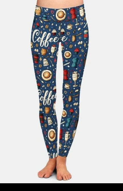 Womens Blue Coffee Printed Leggings Comfortable Leggings with Pockets