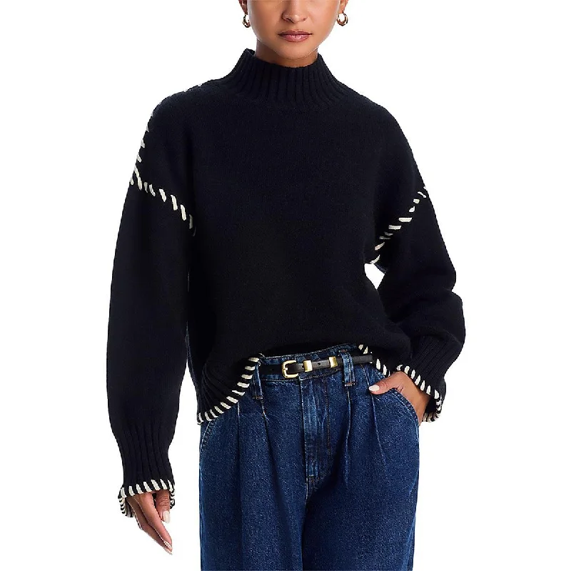 Womens Crop Funnel Neck Pullover Sweater Lace Blend Ribbed Blend Corduroy Blend