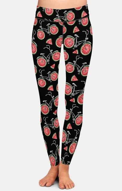 Womens Fashion Bicycles With Assorted Foods Leggings Comfortable Zip-Up Leggings