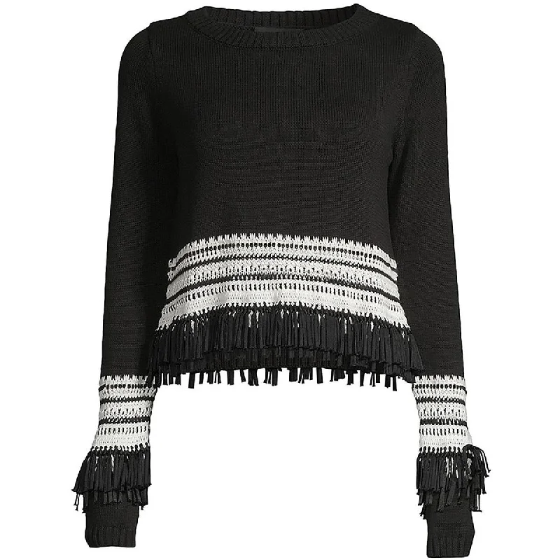 Womens Fringe Trim Knit Pullover Sweater Transparent Opaque Sheer