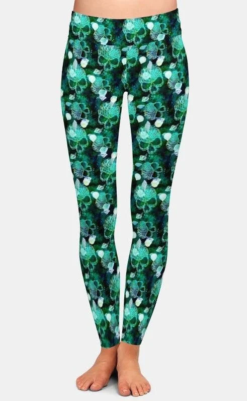 Womens Green Scaled Skulls Printed Leggings Trendy Cut-Out Activewear Leggings