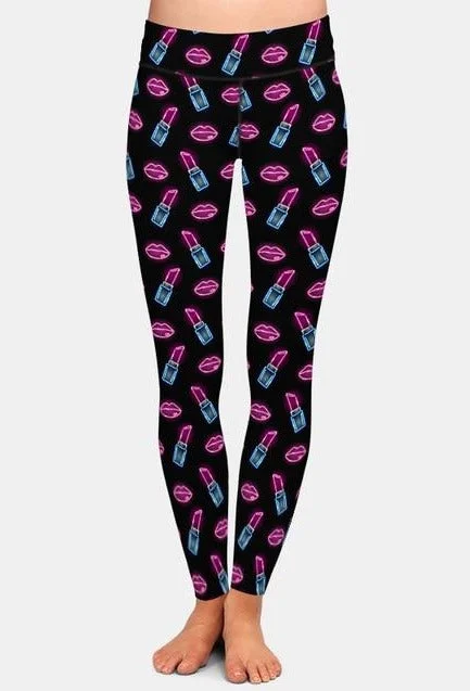 Womens Lips and Lipstick Printed Leggings Cozy Textured Workout Leggings