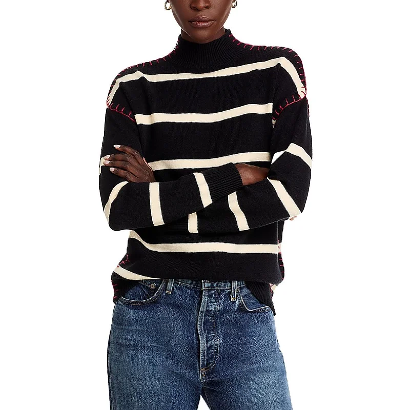 Womens Striped Ribbed Trim Mock Turtleneck Sweater Terry Blend Velvet Blend Canvas Blend