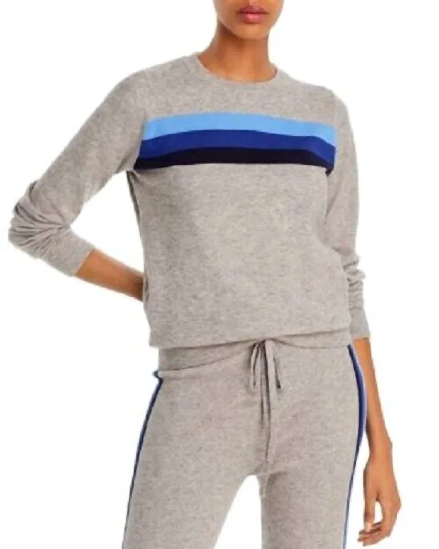 X Madeleine Thompson Striped Crewneck Sweater In Gray Real Fur Shearling Chenille