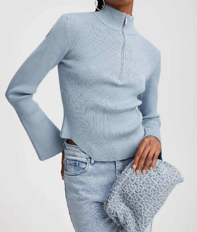 Yasmia Zip Pullover Sweater In Grey Blue Print Jacquard Patchwork