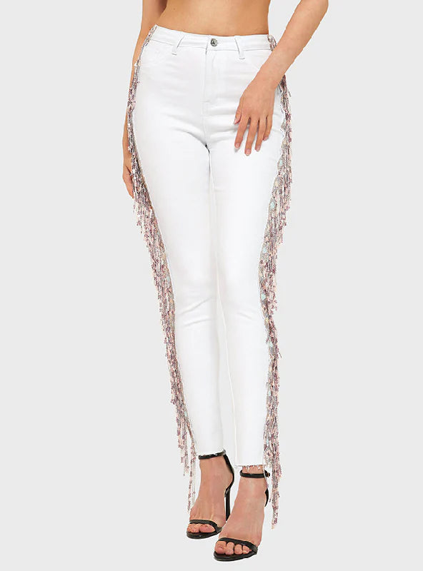 FLASHES BEADS PANTS WHITE JEANS Trendy Vintage Denim Jeans