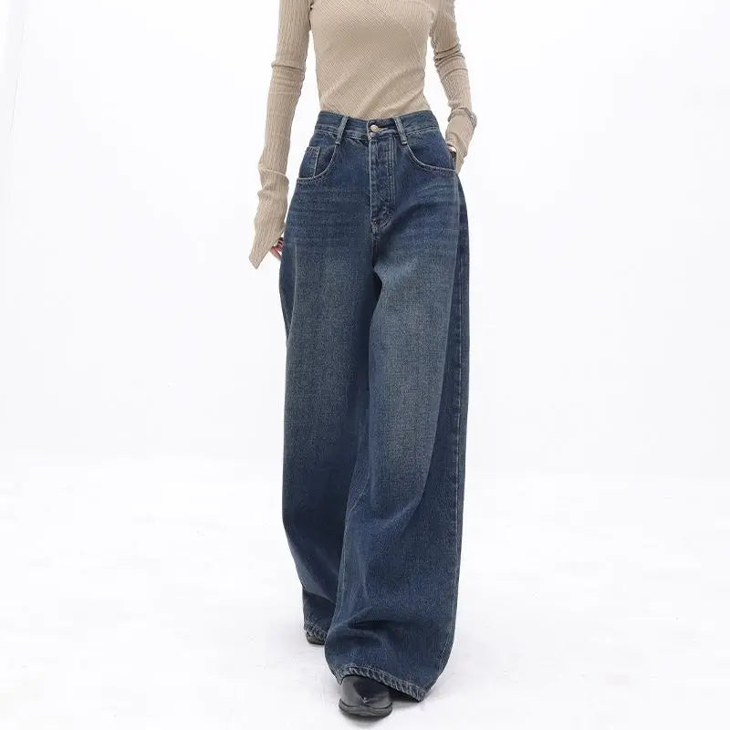 Vintage High Waist Oversized Casual Baggy Wide Leg Grunge Streetwear Jeans Chic Double Waistband Jeans