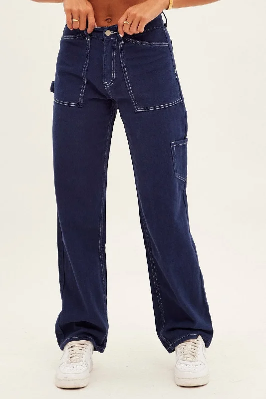 Blue Cargo Jeans Mid Rise Trendy Pleated Waist Jeans