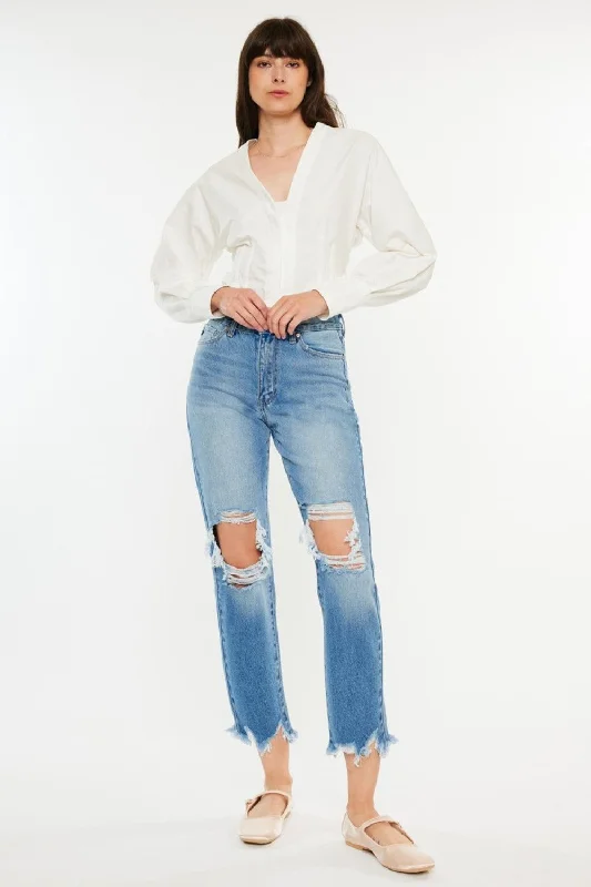 Kancan Distressed Frayed Hem Cropped Jeans Stylish High-Waisted Denim