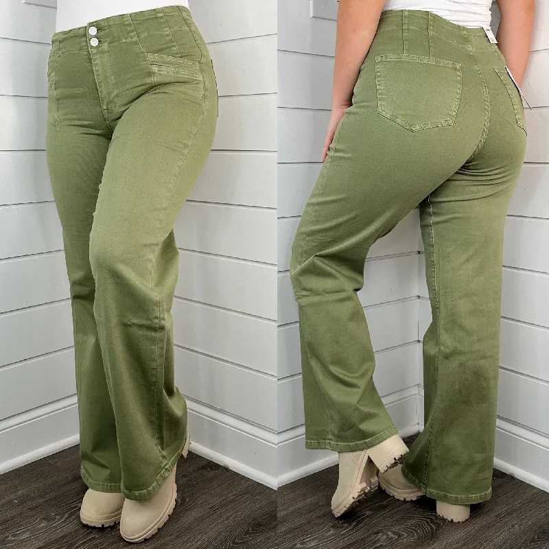 Mica Zoe High Rise Wide Leg Green Jeans Comfortable Boyfriend Jeans