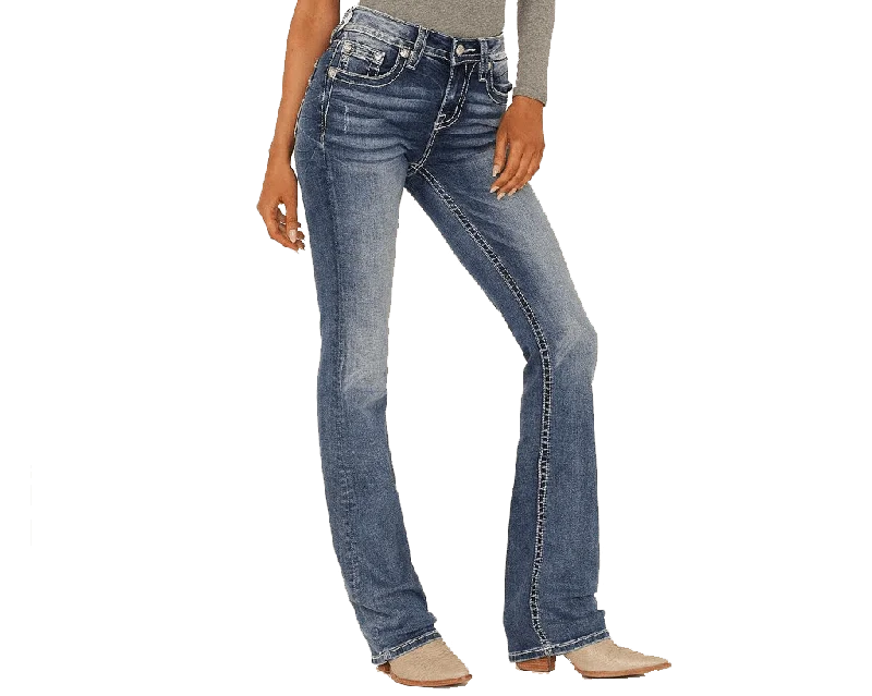 Miss Me Women's Mid-Rise Bootcut Denim Jeans Fashionable Raw Hemmed Jeans