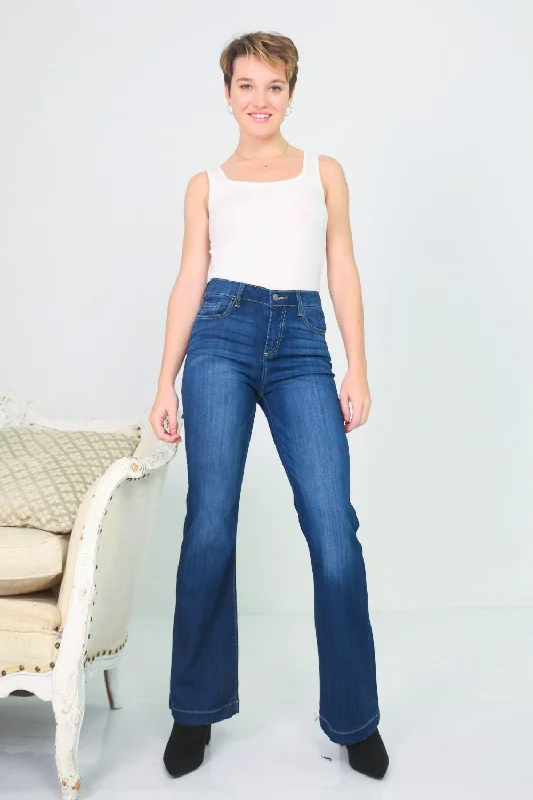 Petite High Rise Flare Jeans (Dark Denim) Chic Rolled Cuff Denim Jeans