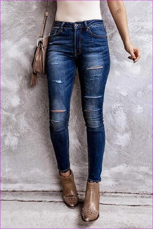 Ripped High Rise Ankle Length Skinny Jeans Casual Wide-Legged Denim Jeans