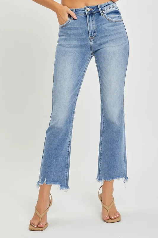 RISEN Frayed Hem Cropped Straight Jeans Stylish High-Waist Jeans