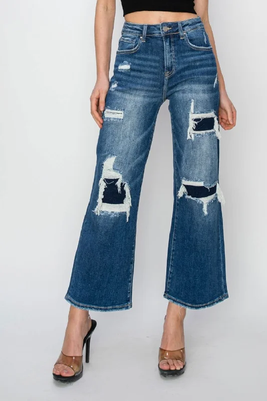 Risen Full Size High Rise Patch Detailed Wide Leg Crop Jeans Comfortable Full-Length Denim Jeans