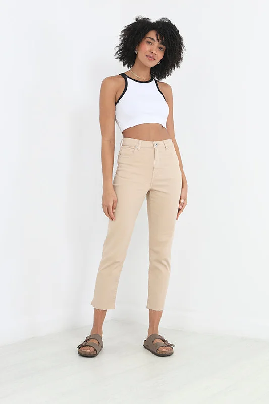 SAND RAW HEM DETAIL DENIM MOM JEANS Trendy Low-Rise Bootcut Jeans