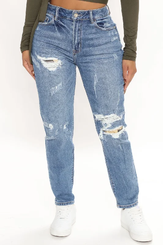 Slayin' The Game Slim Boyfriend Jeans - Medium Blue Wash Comfortable Drawstring Waist Jeans