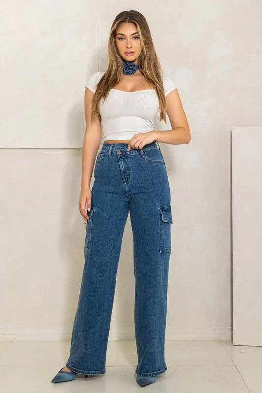 Vibrant MIU High Rise Crossed Waist Cargo Wide Jeans Fashionable Relaxed Fit Denim