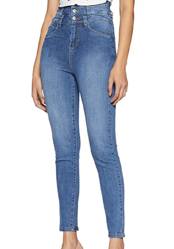 Women's Blue Skinny Jeans Stylish High-Rise Mom Jeans