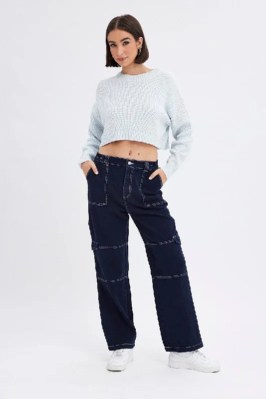 Blue Cargo Jeans Straight Back Elastic Waist Chic Rip-Detail High-Waist Jeans