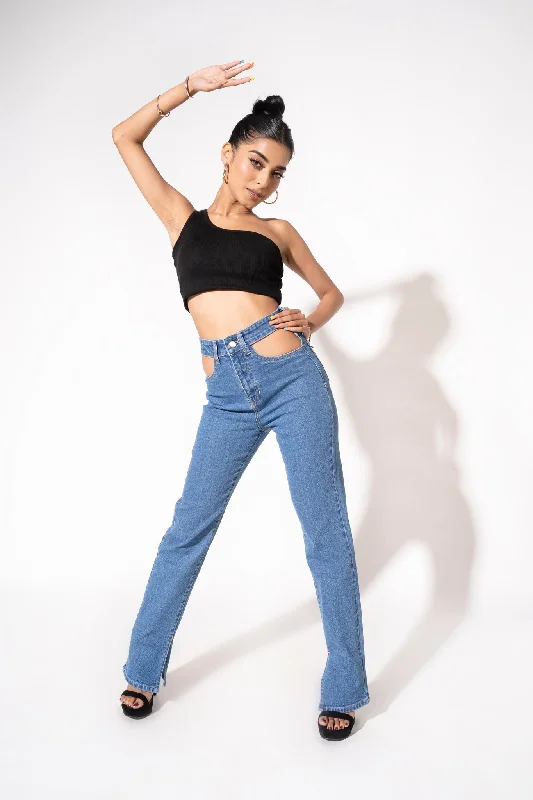 Cut Out High Waist Straight Leg Jeans Elegant High-Waisted Flared Jeans