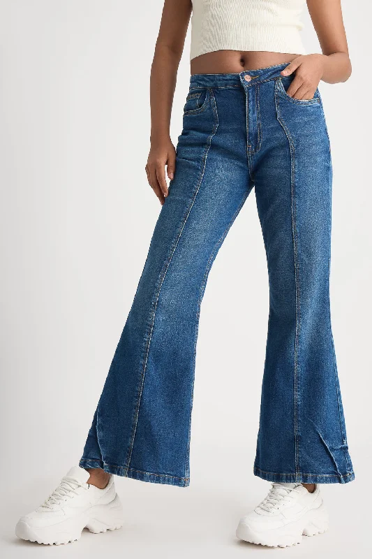 Wrapped Seam Washed Bootcut Jeans Trendy Pleated Waist Jeans